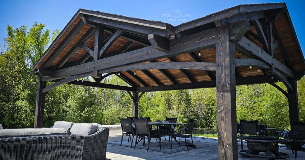 Timber pavilion with outdoor dining area